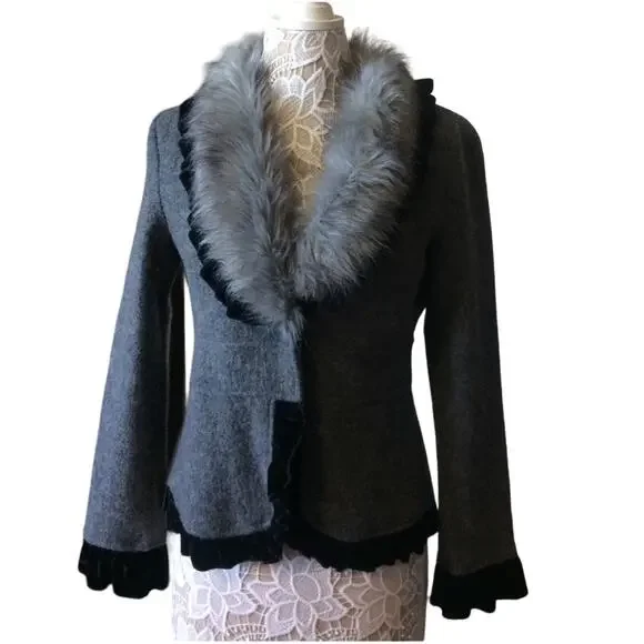 Vintage 2000s Roz & Ali Gray Faux Fur Collar Wool Blazer NWT size small - Picture 2 of 14
